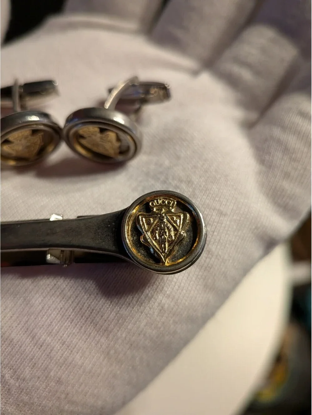 Vintage Gucci Tie Clip Cufflinks Gold Silver Two Tone Set G Logo Emblem Italy
